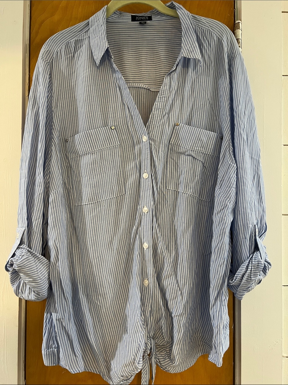 Jones New York Light Blue and White Striped Casual Button-Down Shirt